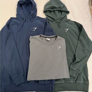 Gymshark Bundle Navy and Green Hoodies with Gray T-Shirt